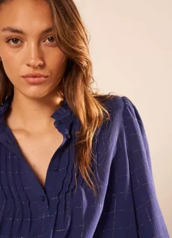 Sud Express Tops & Blouses|Blouse A Col Monte Avec Volant Bleu Blouisa