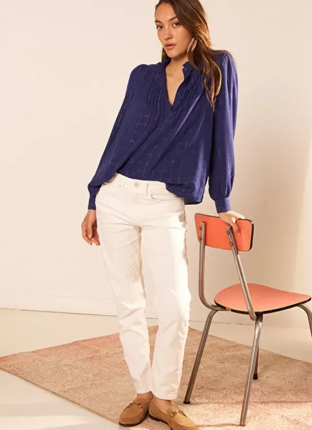 Sud Express Tops & Blouses|Blouse A Col Monte Avec Volant Bleu Blouisa