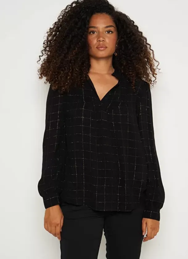 Sud Express Tops & Blouses|Blouse A Col Monte Avec Volant Noir Blouisa