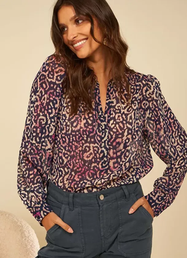 Sud Express Tops & Blouses|Blouse A Imprime Col Tunisien Marine Touza