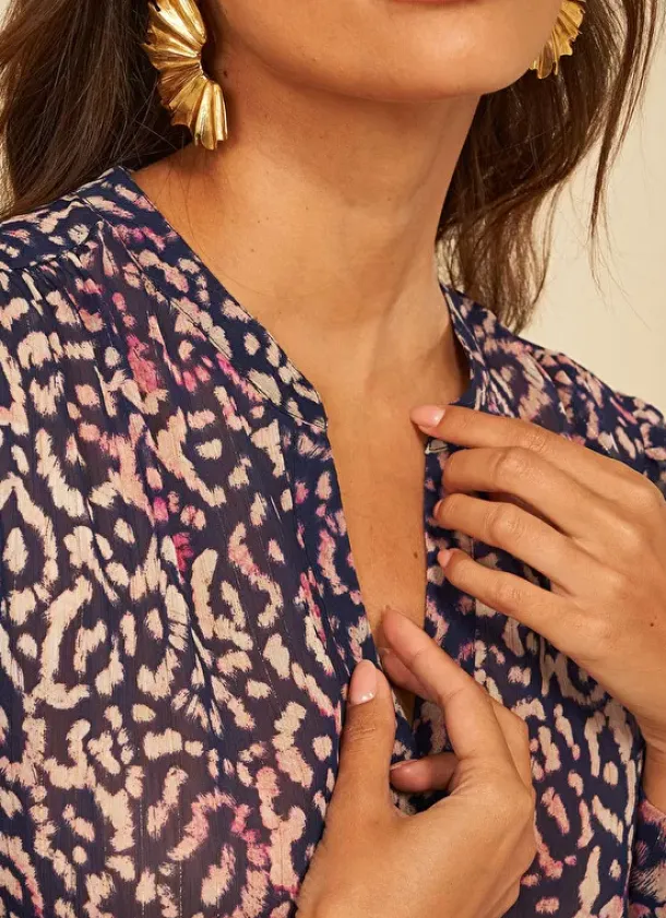 Sud Express Tops & Blouses|Blouse A Imprime Col Tunisien Marine Touza