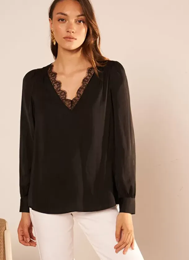 Sud Express Tops & Blouses|Blouse, Col V Avec Insert De Dentelle Noir Brice