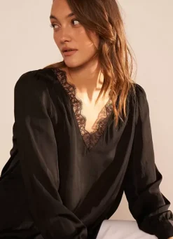 Sud Express Tops & Blouses|Blouse, Col V Avec Insert De Dentelle Noir Brice