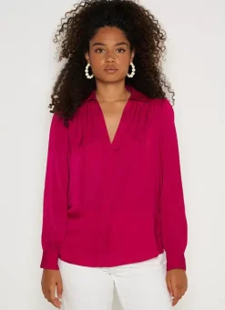 Sud Express Tops & Blouses|Blouse Satine A Col Tunisien Fuchsia Teddy