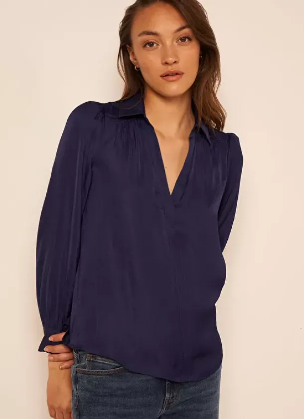 Sud Express Tops & Blouses|Blouse Satine A Col Tunisien Bleu Teddy