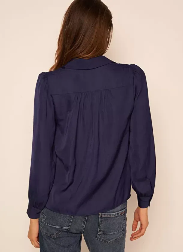 Sud Express Tops & Blouses|Blouse Satine A Col Tunisien Bleu Teddy