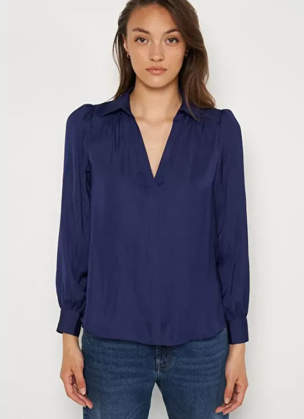 Sud Express Tops & Blouses|Blouse Satine A Col Tunisien Bleu Teddy