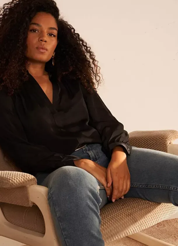 Sud Express Tops & Blouses|Blouse Satine A Col Tunisien Noir Teddy