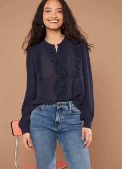 Sud Express Tops & Blouses|Chemise A Col Rond Et Manches Longues Marine Calibi