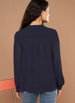 Sud Express Tops & Blouses|Chemise A Col Rond Et Manches Longues Marine Calibi