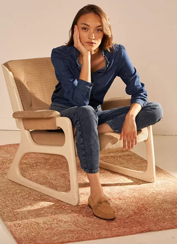 Sud Express Tops & Blouses|Chemise En Jean A Manches Longues Dark Stone Castellenia