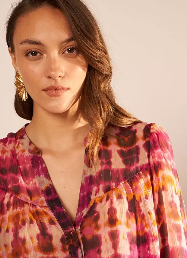 Sud Express Tops & Blouses|Chemise Imprime A Col Tunisien Et Manche... Framboise Calanque