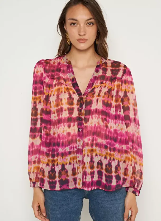 Sud Express Tops & Blouses|Chemise Imprime A Col Tunisien Et Manche... Framboise Calanque
