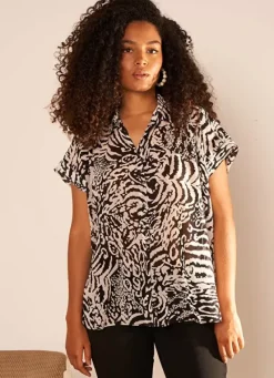 Sud Express Tops & Blouses|Chemise Imprimee Oversize A Manches Cour... Noir Calixa