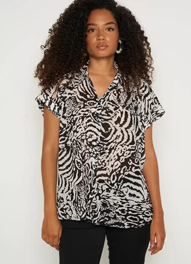 Sud Express Tops & Blouses|Chemise Imprimee Oversize A Manches Cour... Noir Calixa