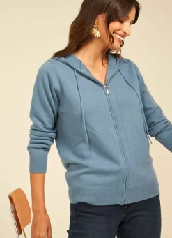 Sud Express Jumpers & Cardigans|Gilet A Capuche Zippe 100% Cachemire Denim Garenk