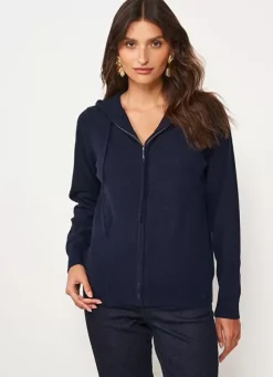 Sud Express Jumpers & Cardigans|Gilet A Capuche Zippe 100% Cachemire Marine Garenk