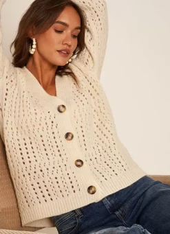 Sud Express Jumpers & Cardigans|Gilet Col V Avec Jeu De Tricotage Ajoure Ecru Glasgow