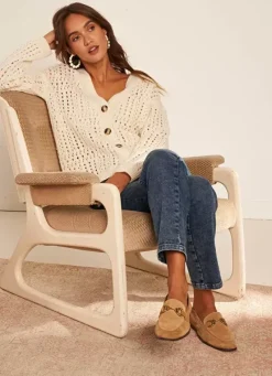 Sud Express Jumpers & Cardigans|Gilet Col V Avec Jeu De Tricotage Ajoure Ecru Glasgow