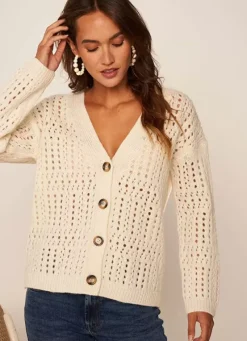 Sud Express Jumpers & Cardigans|Gilet Col V Avec Jeu De Tricotage Ajoure Ecru Glasgow