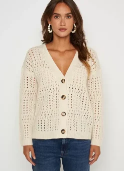 Sud Express Jumpers & Cardigans|Gilet Col V Avec Jeu De Tricotage Ajoure Ecru Glasgow