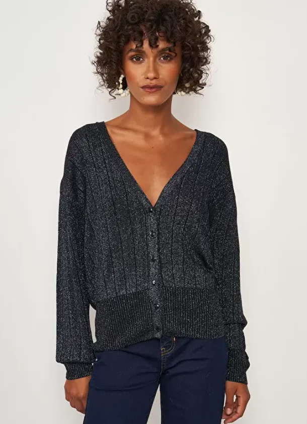 Sud Express Jumpers & Cardigans|Gilet Col V Lurex Noir Glamy
