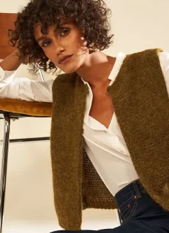 Sud Express Jumpers & Cardigans|Gilet Court Et Ouvert, En Mohair Et Alpaga Kaki Gotanax