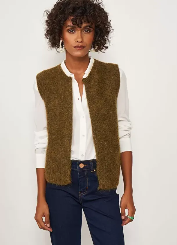 Sud Express Jumpers & Cardigans|Gilet Court Et Ouvert, En Mohair Et Alpaga Kaki Gotanax