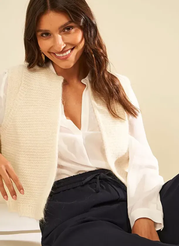 Sud Express Jumpers & Cardigans|Gilet Court Et Ouvert, En Mohair Et Alpaga Ecru Gotanax