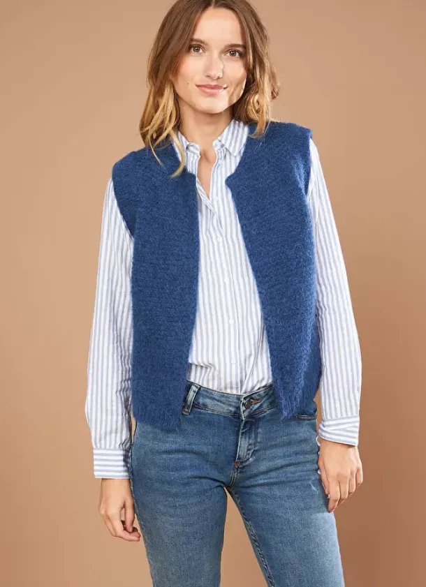 Sud Express Jumpers & Cardigans|Gilet Court Ouvert En Mohair Indigo Gotana