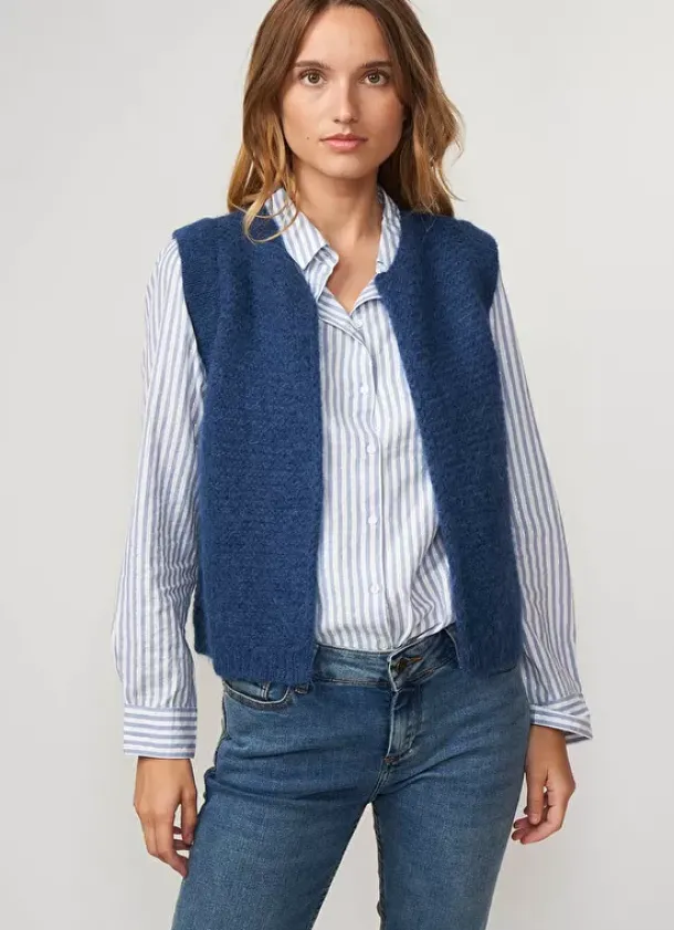 Sud Express Jumpers & Cardigans|Gilet Court Ouvert En Mohair Indigo Gotana