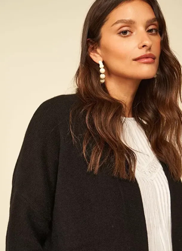 Sud Express Jumpers & Cardigans|Gilet Mi-Long Ouvert Avec Poches Plaquees Noir Geric