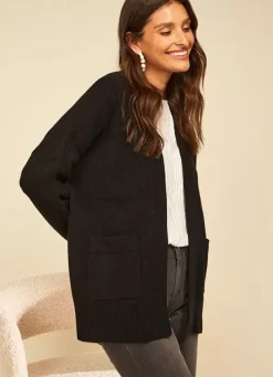 Sud Express Jumpers & Cardigans|Gilet Mi-Long Ouvert Avec Poches Plaquees Noir Geric
