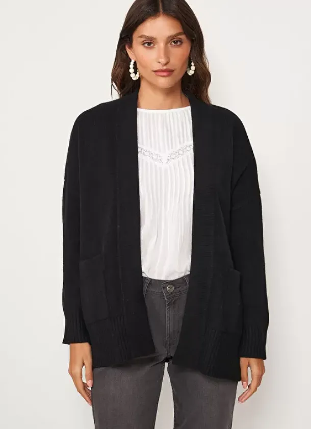 Sud Express Jumpers & Cardigans|Gilet Mi-Long Ouvert Avec Poches Plaquees Noir Geric