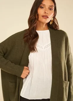 Sud Express Jumpers & Cardigans|Gilet Mi-Long Ouvert Avec Poches Plaquees Kaki Geric