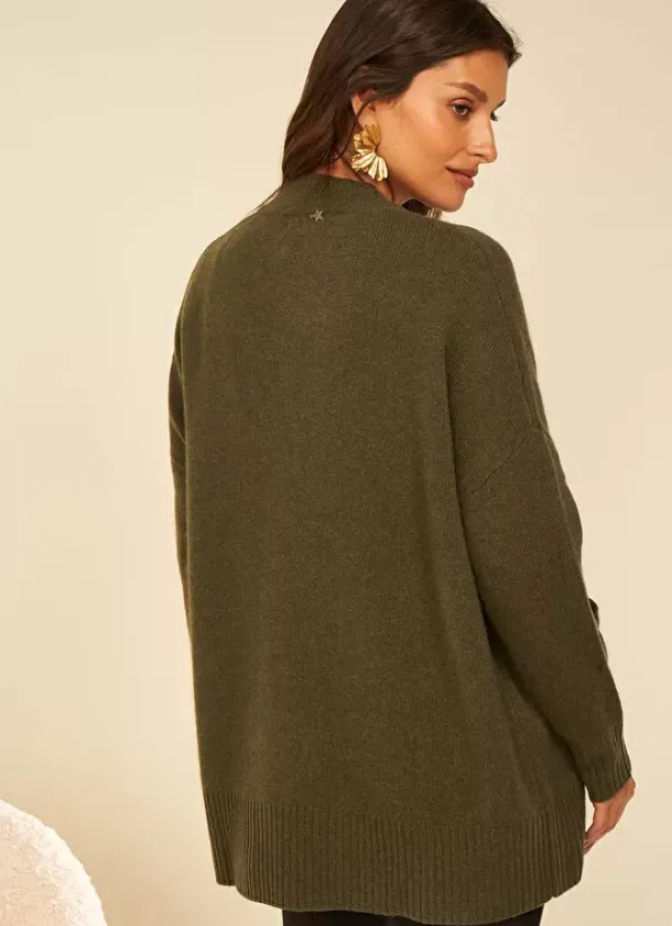 Sud Express Jumpers & Cardigans|Gilet Mi-Long Ouvert Avec Poches Plaquees Kaki Geric