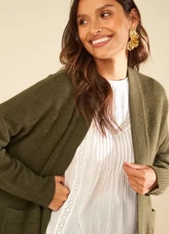 Sud Express Jumpers & Cardigans|Gilet Mi-Long Ouvert Avec Poches Plaquees Kaki Geric