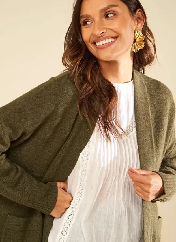 Sud Express Jumpers & Cardigans|Gilet Mi-Long Ouvert Avec Poches Plaquees Kaki Geric