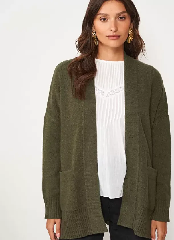 Sud Express Jumpers & Cardigans|Gilet Mi-Long Ouvert Avec Poches Plaquees Kaki Geric