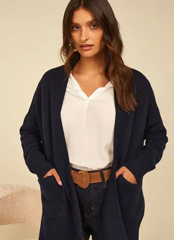 Sud Express Jumpers & Cardigans|Gilet Mi-Long Ouvert Avec Poches Plaquees Marine Geric