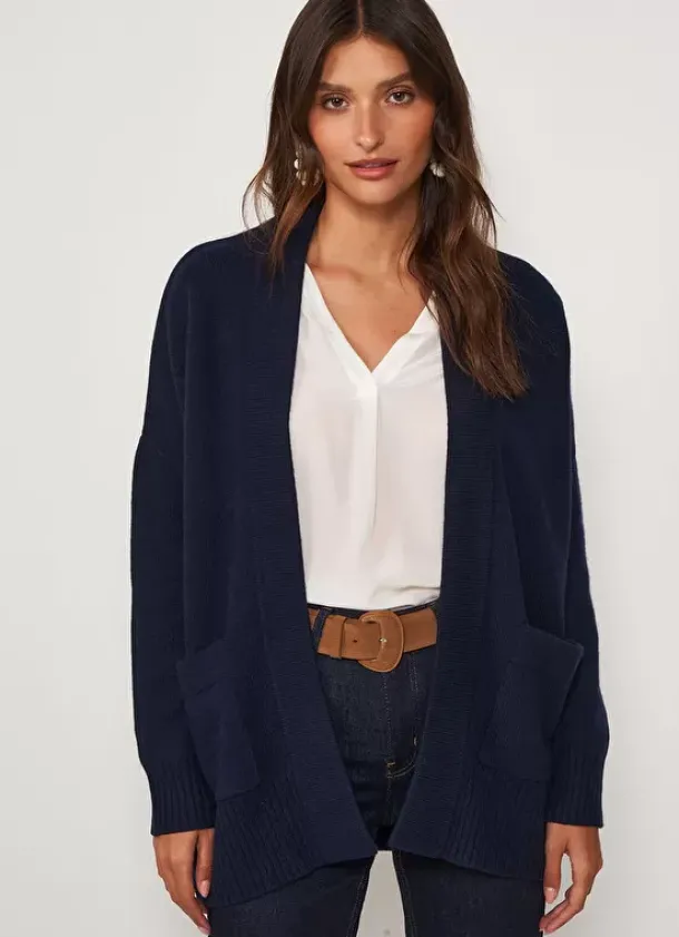 Sud Express Jumpers & Cardigans|Gilet Mi-Long Ouvert Avec Poches Plaquees Marine Geric