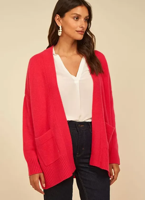 Sud Express Jumpers & Cardigans|Gilet Mi-Long Ouvert Avec Poches Plaquees Framboise Geric