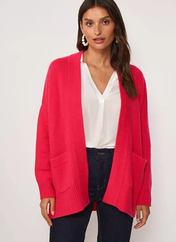 Sud Express Jumpers & Cardigans|Gilet Mi-Long Ouvert Avec Poches Plaquees Framboise Geric