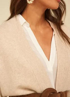 Sud Express Jumpers & Cardigans|Gilet Mi-Long Ouvert Avec Poches Plaquees Beige Chine Geric