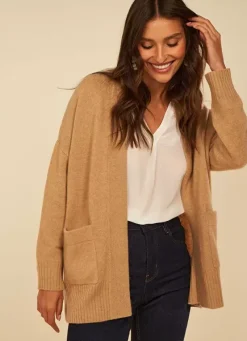 Sud Express Jumpers & Cardigans|Gilet Mi-Long Ouvert Avec Poches Plaquees Camel Geric