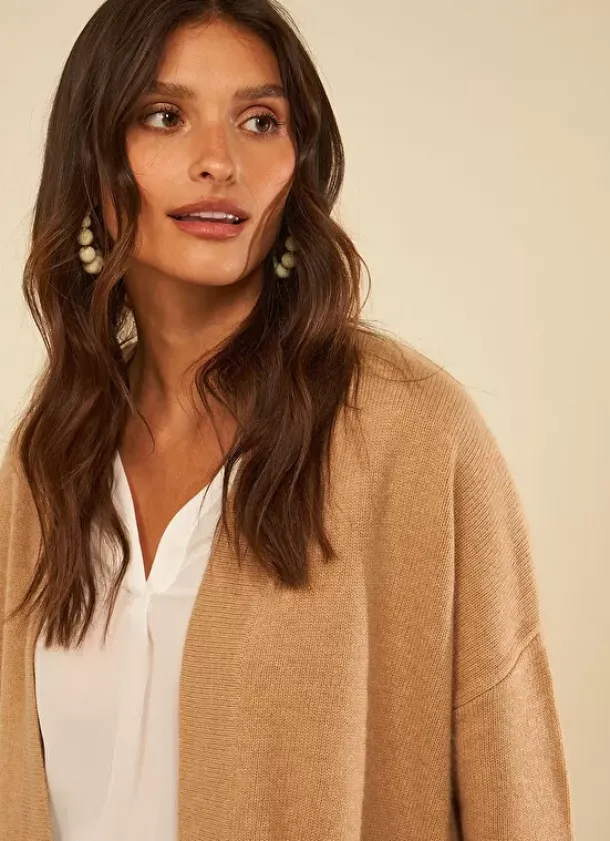 Sud Express Jumpers & Cardigans|Gilet Mi-Long Ouvert Avec Poches Plaquees Camel Geric