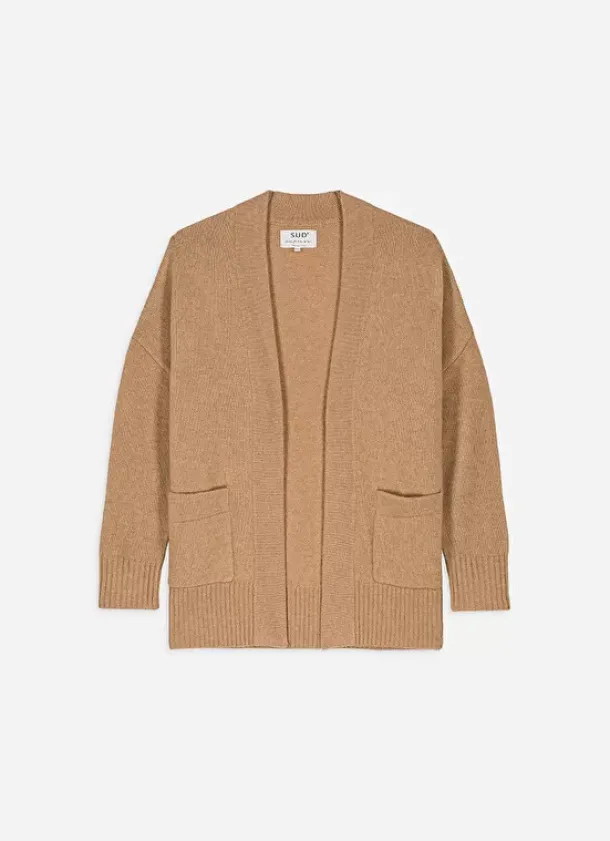 Sud Express Jumpers & Cardigans|Gilet Mi-Long Ouvert Avec Poches Plaquees Camel Geric