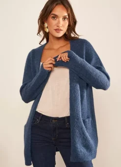 Sud Express Jumpers & Cardigans|Gilet Ouvert Mi-Long Avec Poches Indigo Grangey