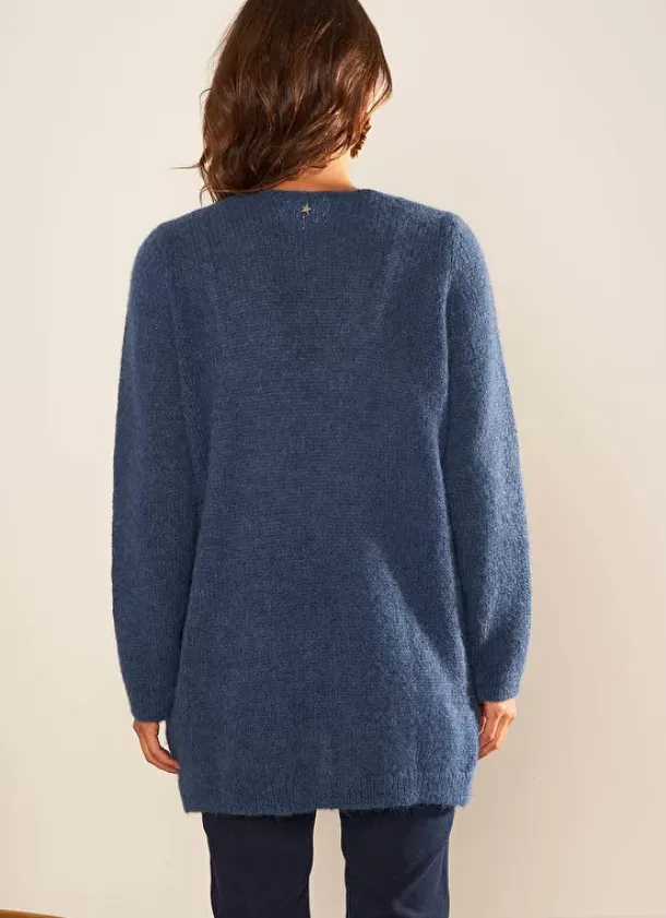 Sud Express Jumpers & Cardigans|Gilet Ouvert Mi-Long Avec Poches Indigo Grangey