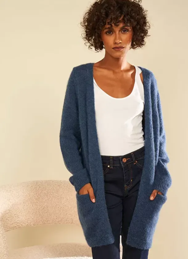 Sud Express Jumpers & Cardigans|Gilet Ouvert Mi-Long Avec Poches Indigo Grangey